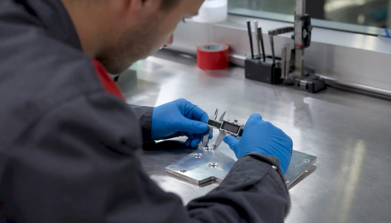 Technician inspecting countersink on aluminum sheet