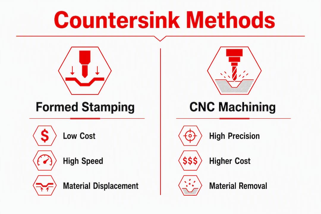 Infographic comparing formed stamping and CNC machining countersink methods