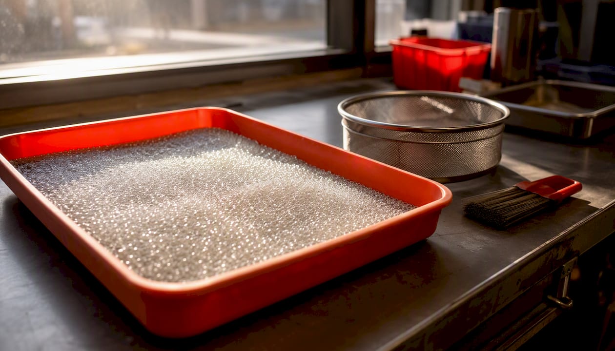 Tray of translucent glass bead blasting media