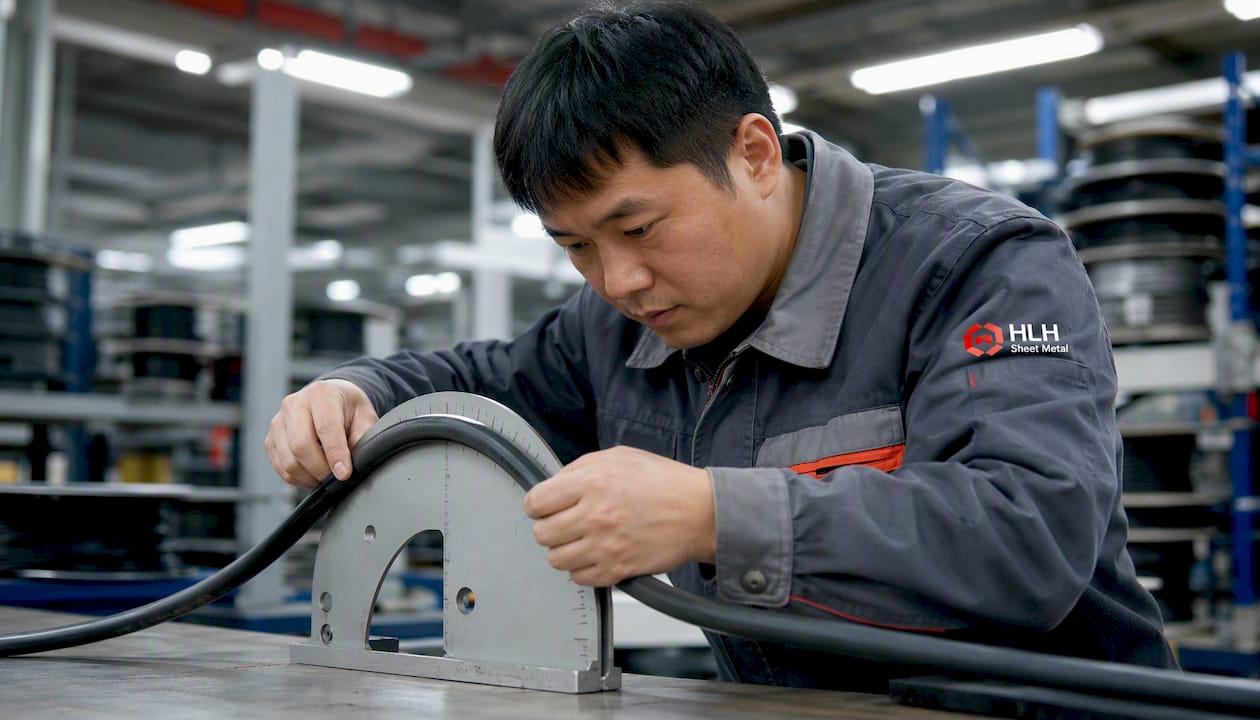 Technician bending cable around radius gauge
