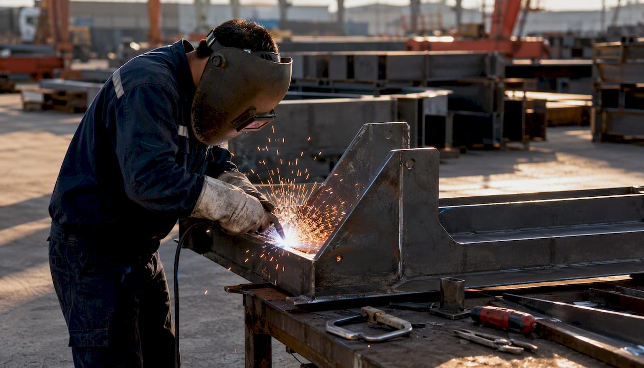 Worker welding steel sheet metal bracket