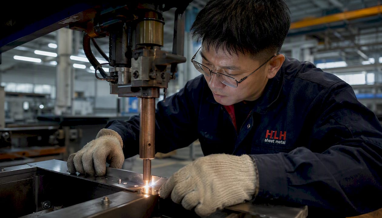 Engineer spot welding sheet metal up close