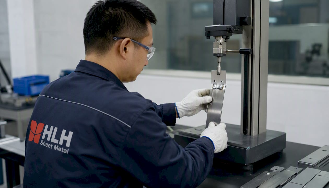 Technician performing peel test on welded metal sample