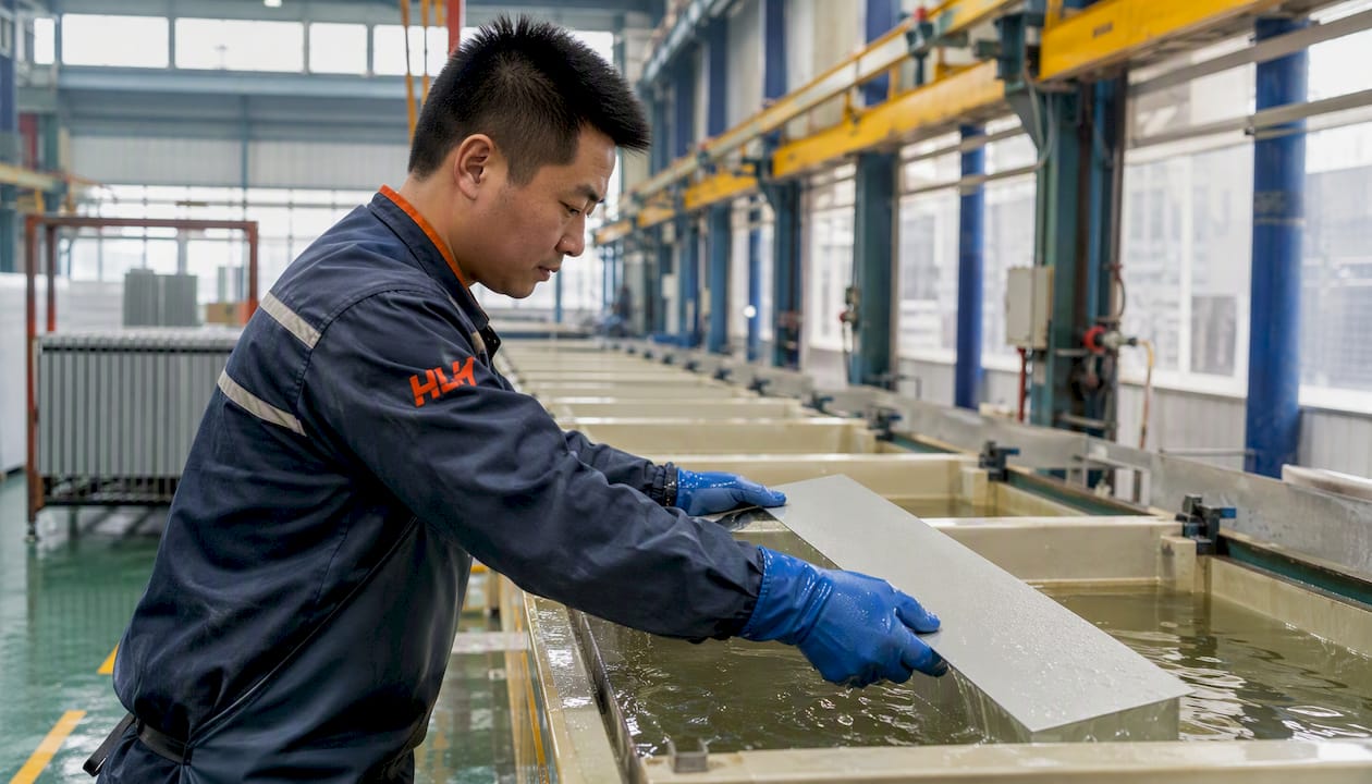 Chinese worker applying Chromate Conversion Coating on aluminum