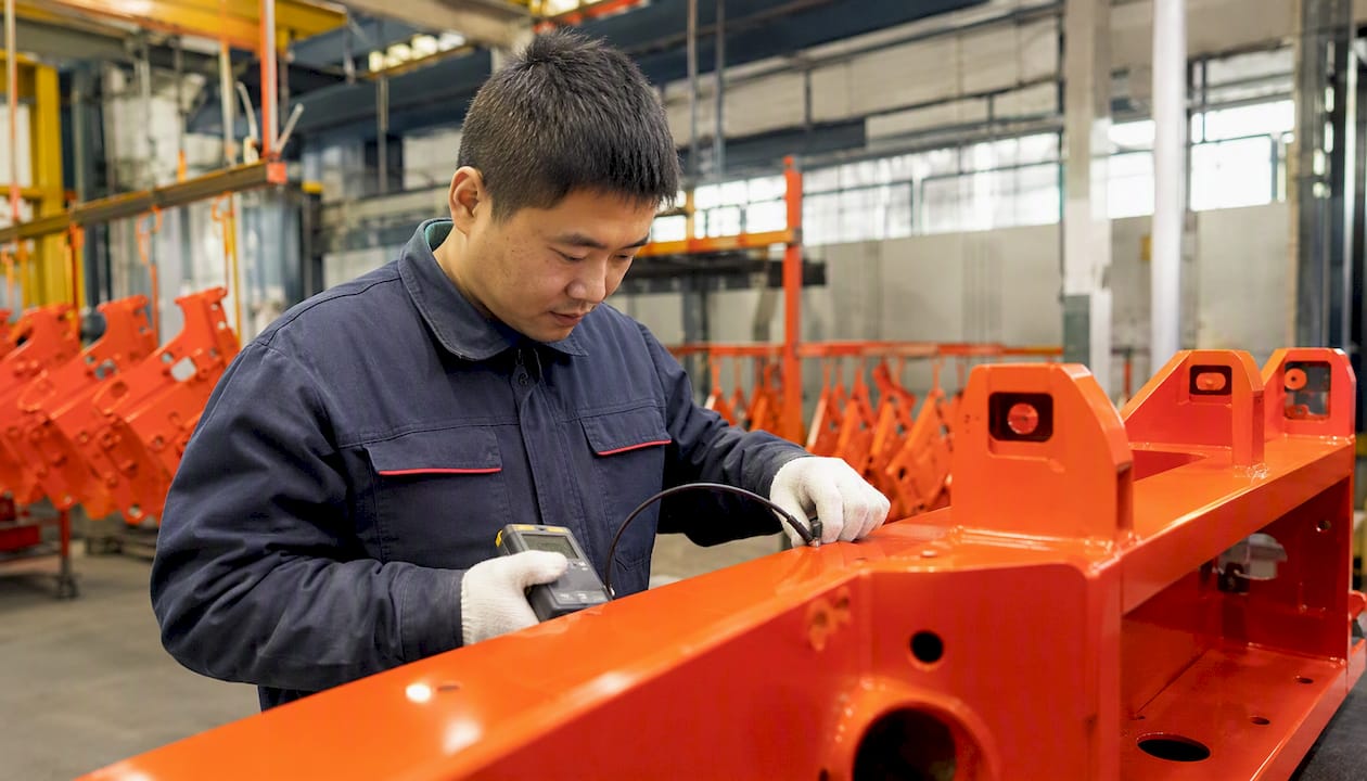 Technician inspecting powder-coated metal part
