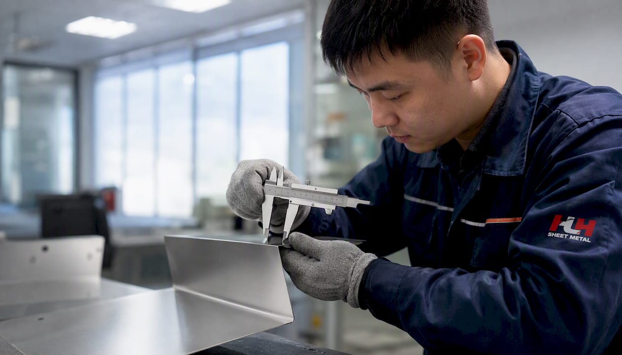 Hands measuring metal bend radius with calipers
