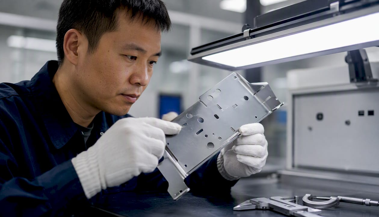 Technician inspecting punched holes for distortion