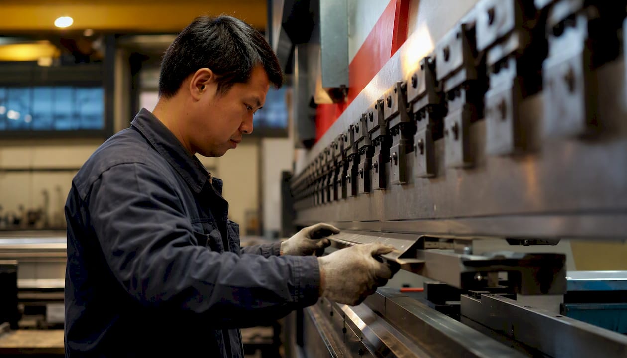 Worker bending sheet metal flange