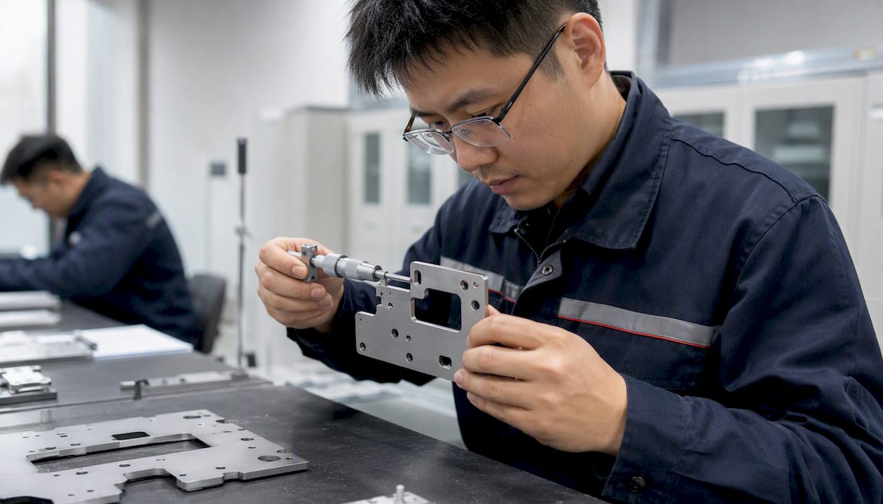 Technician measuring laser cut metal part tolerance