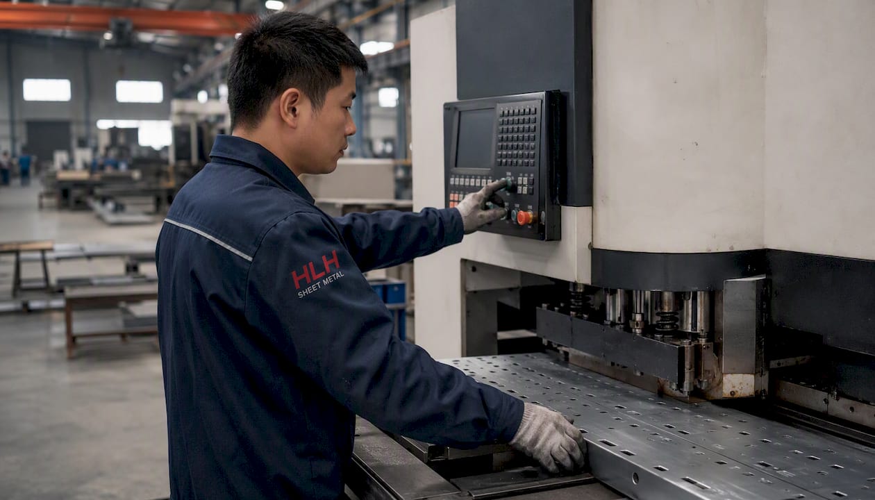Technician operating CNC punch on metal panel