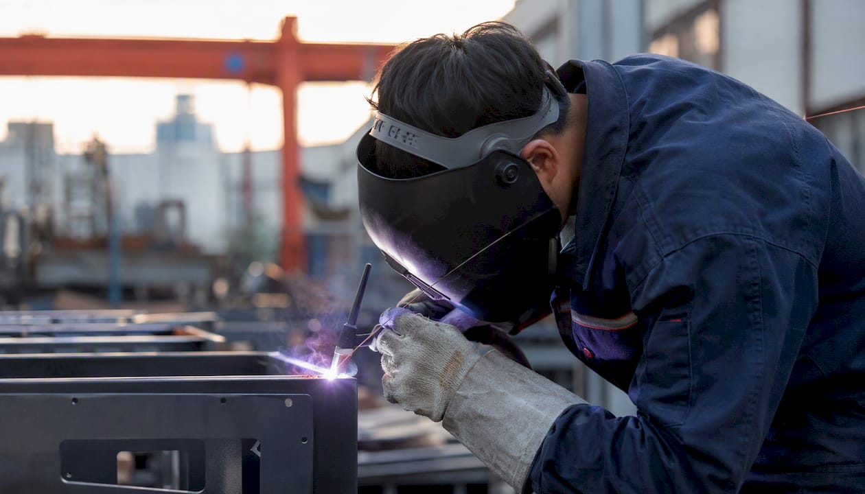 Chinese worker welding custom sheet metal enclosure