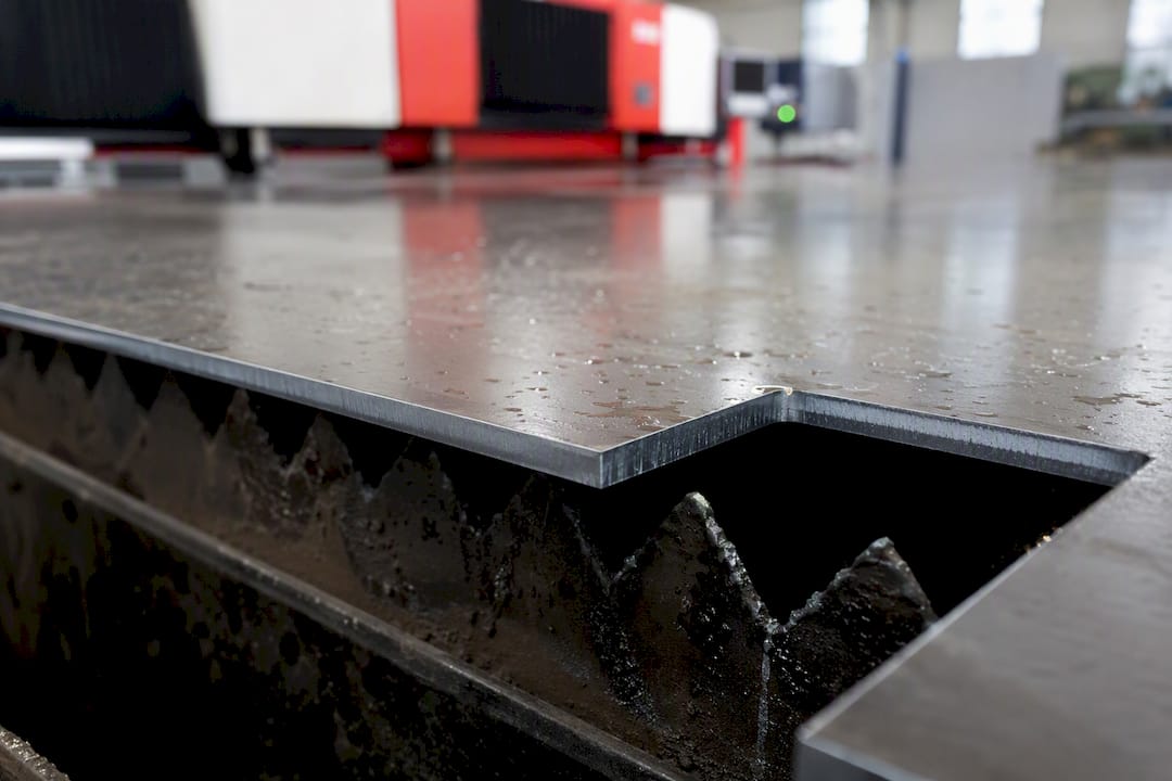 Close-up of laser cut metal edge showing kerf and taper
