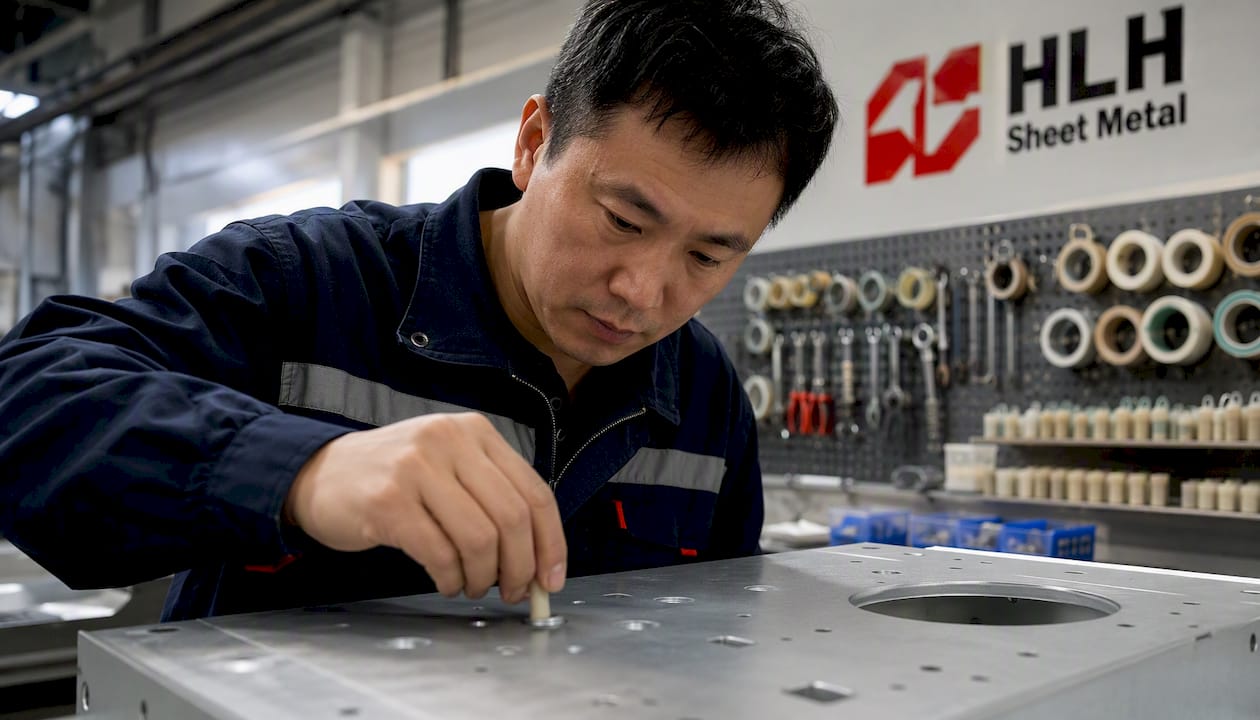 Worker inserting silicone plug in threaded hole