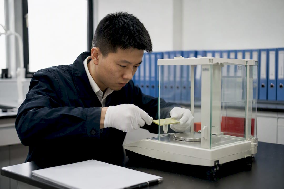 Technician weighing coated aluminum test coupon in QA lab