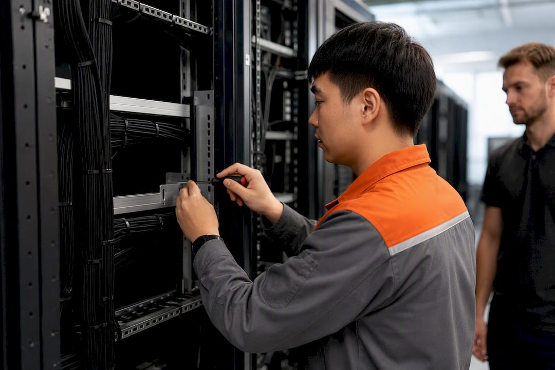 rack Cable management panel with cables and hand