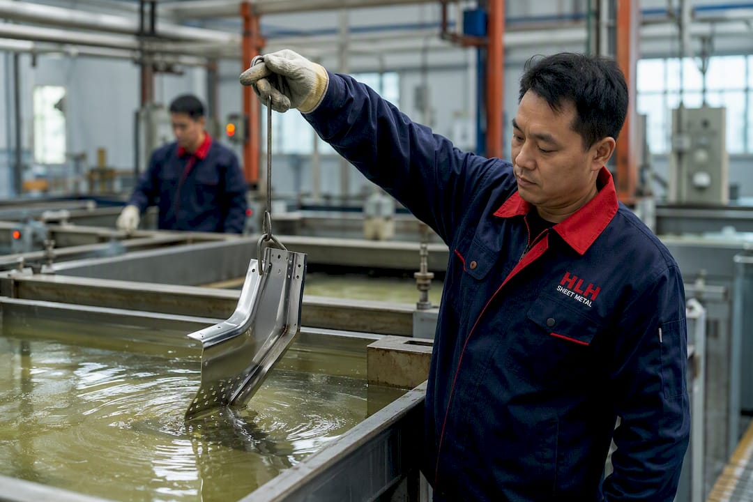 Technician plating metal in nickel bath