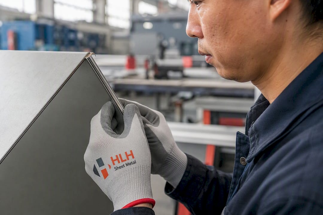 Technician checking thickness of folded metal hem