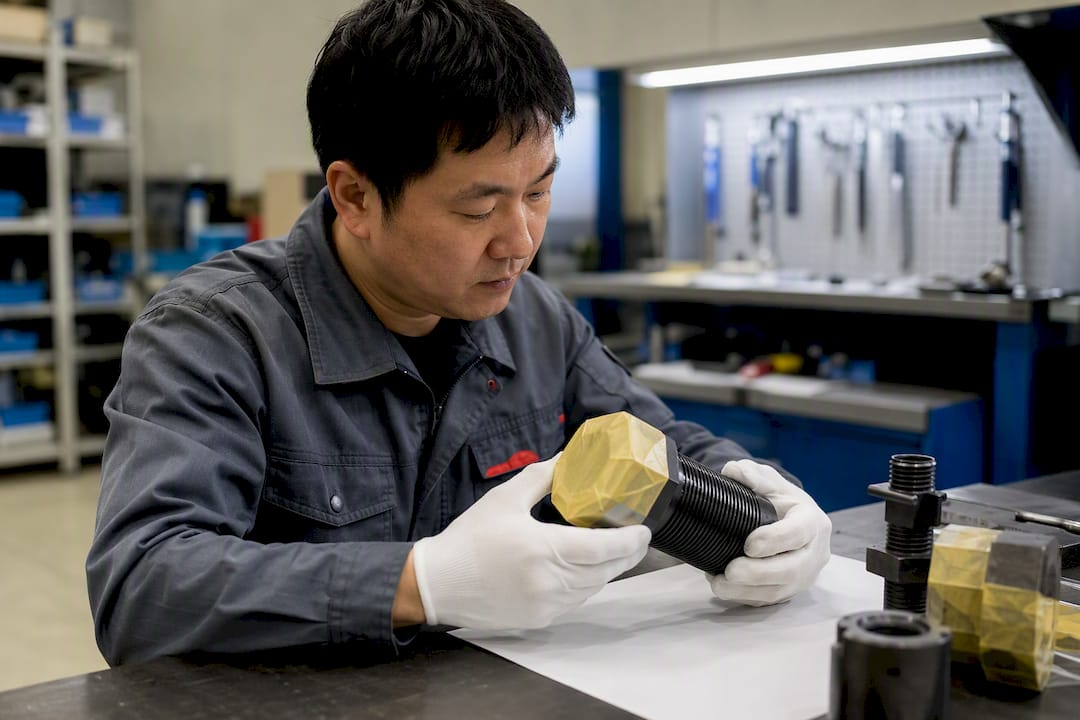 Engineer inspecting masked powder-coated threaded metal part