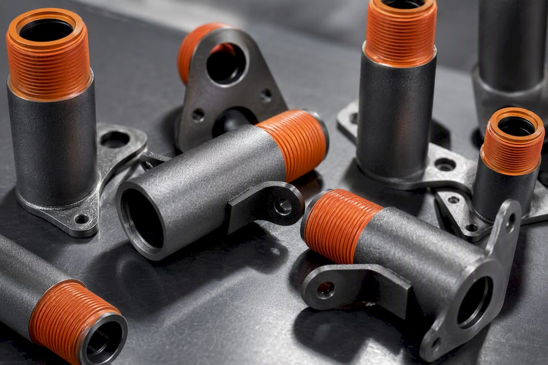 Masked powder-coated threaded metal parts close-up