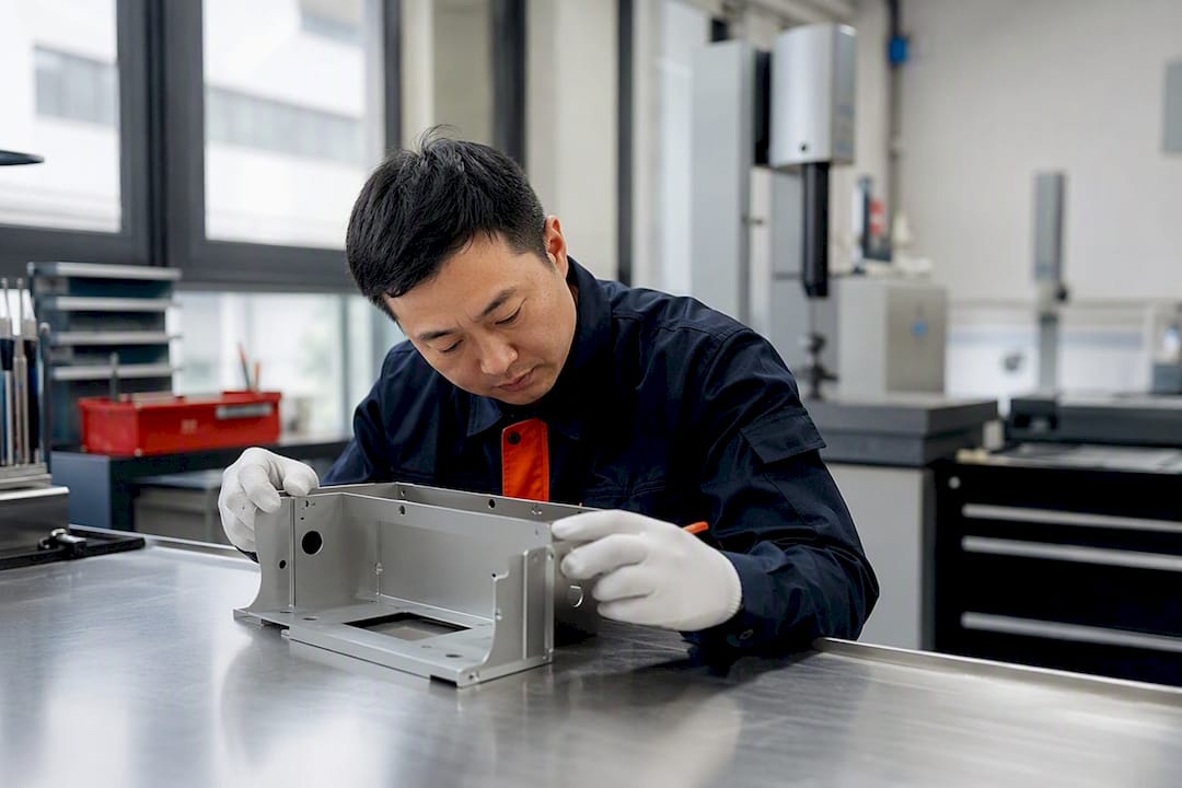Inspector checking sheet metal part in HLH factory