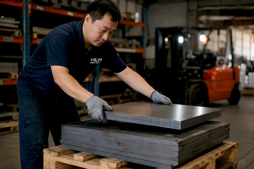 Worker stacking thick steel sheets for shipping