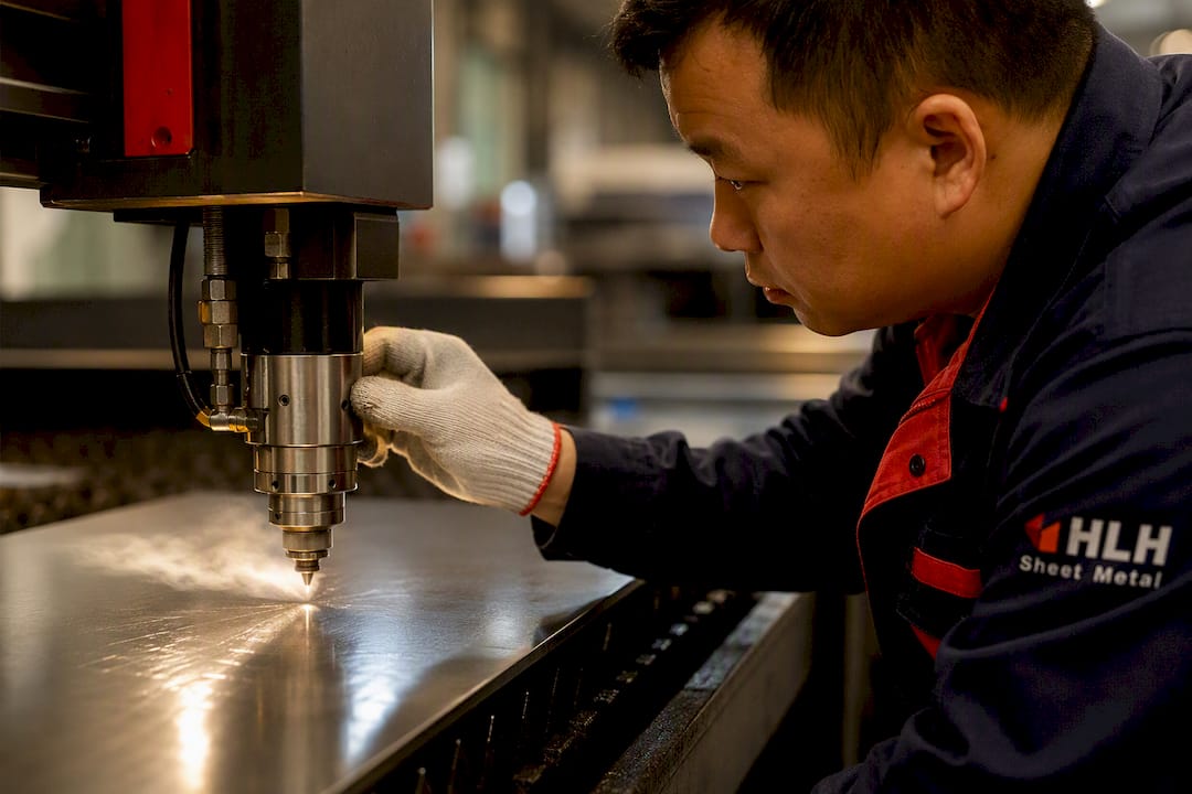 Technician adjusting laser cutting gas nozzle