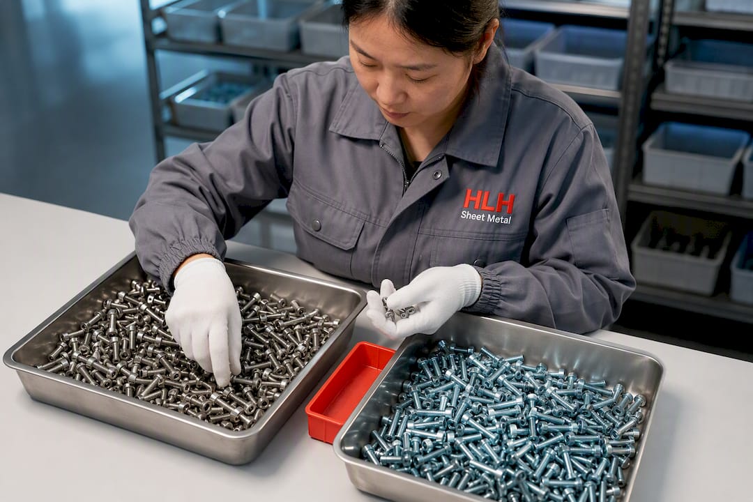 Worker separating stainless and zinc fasteners