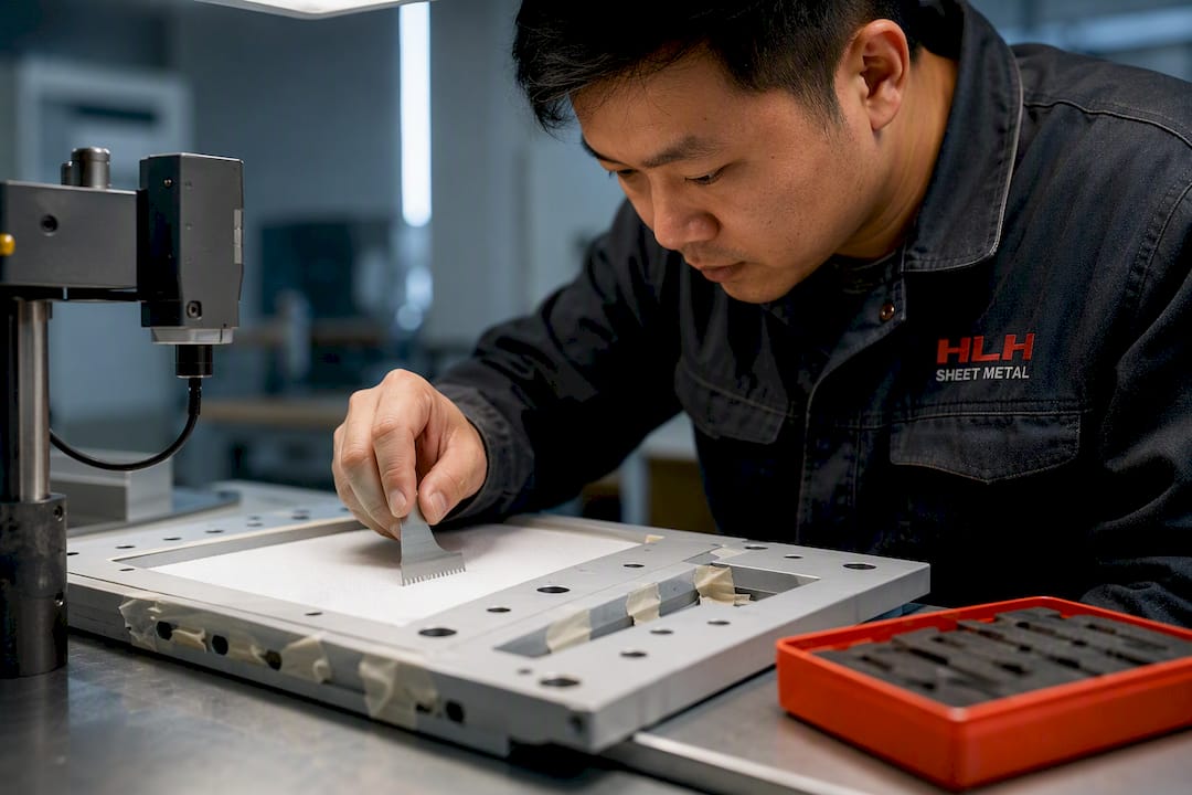 Technician checking uncured powder thickness
