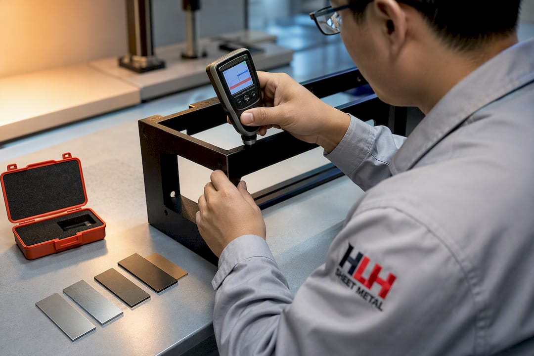 Engineer measuring powder coat thickness