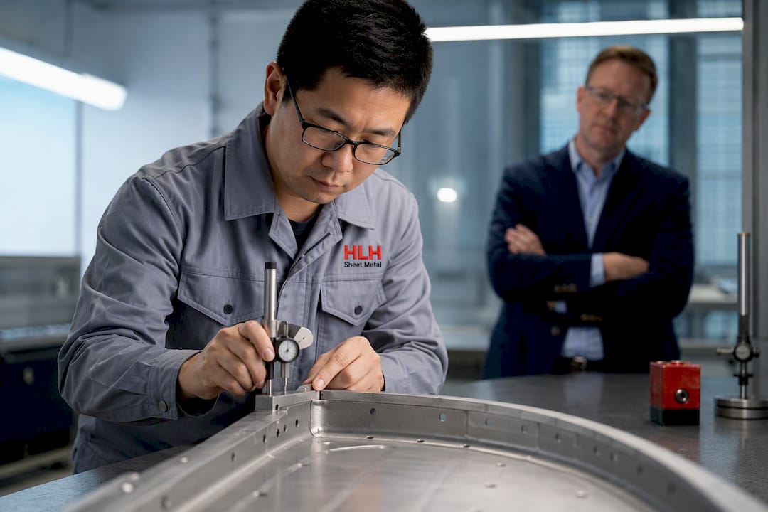 Engineer measuring sheet metal part for first article inspection