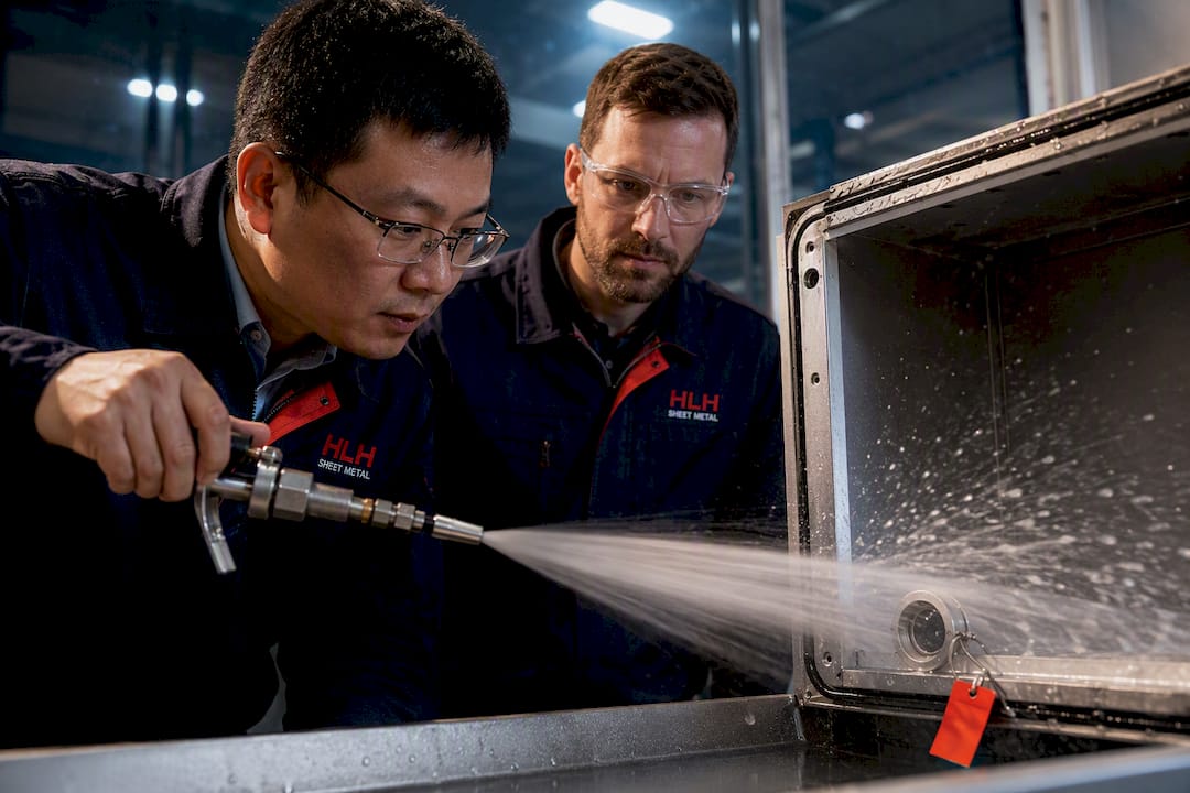 IP rated enclosure undergoing water jet testing