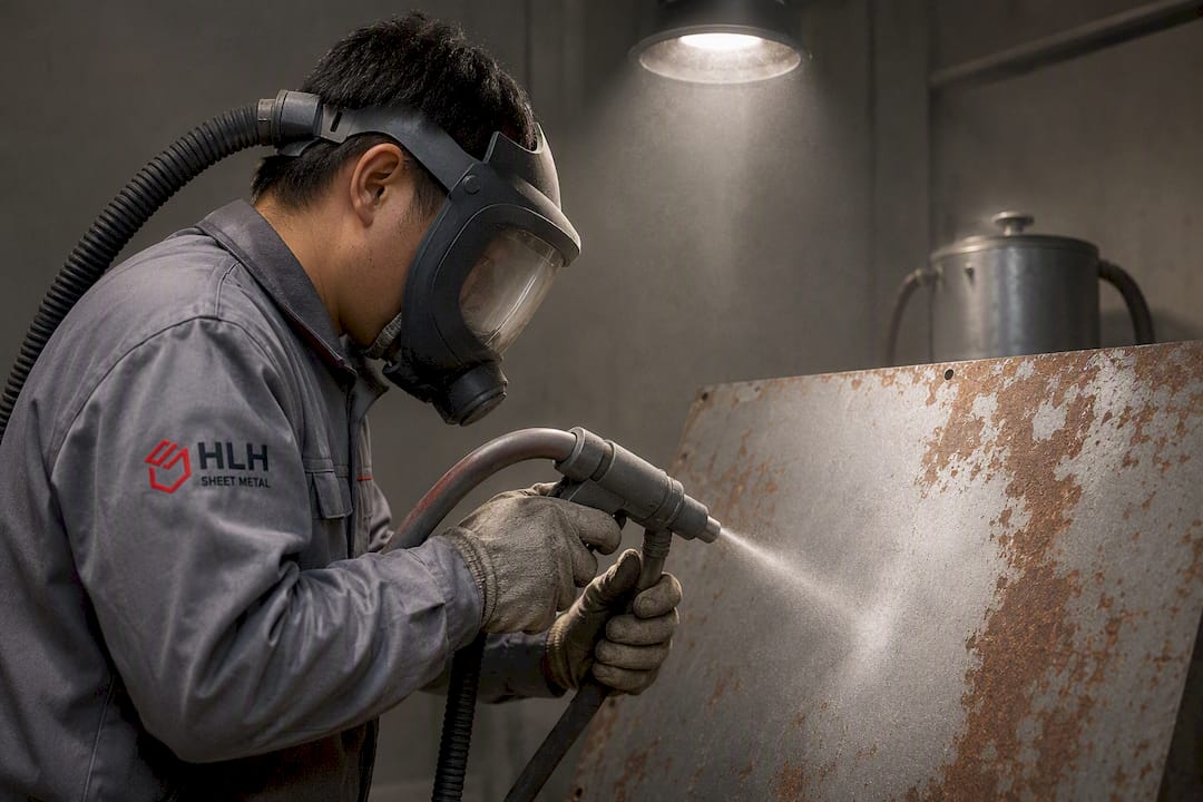 Technician media blasting rusted metal panel