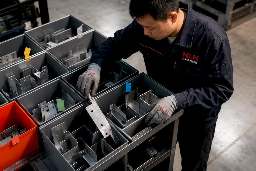 Worker sorting changed metal bracket inventory