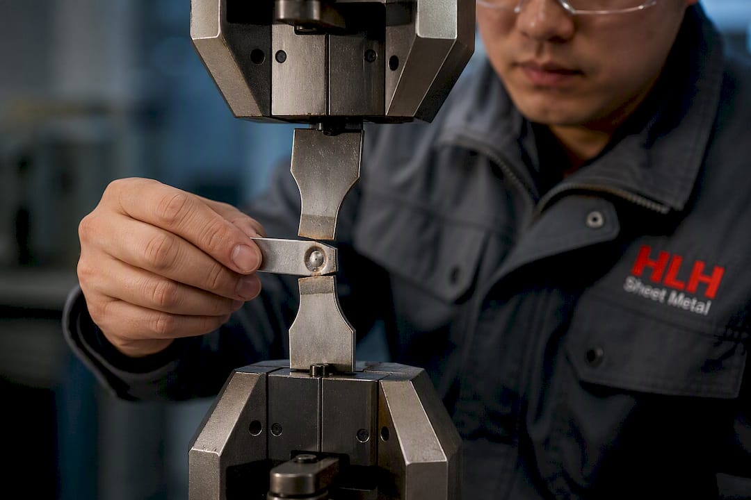 Inspector examining spot weld test coupon