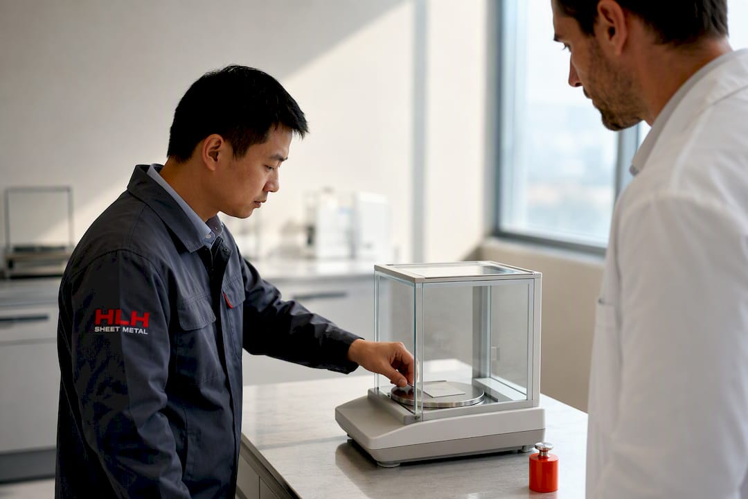 Coated aluminum coupon undergoing weight inspection