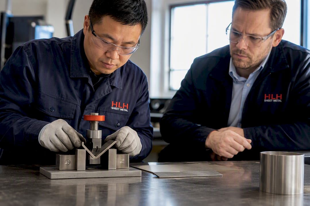 Engineer performing bend test on weld coupon
