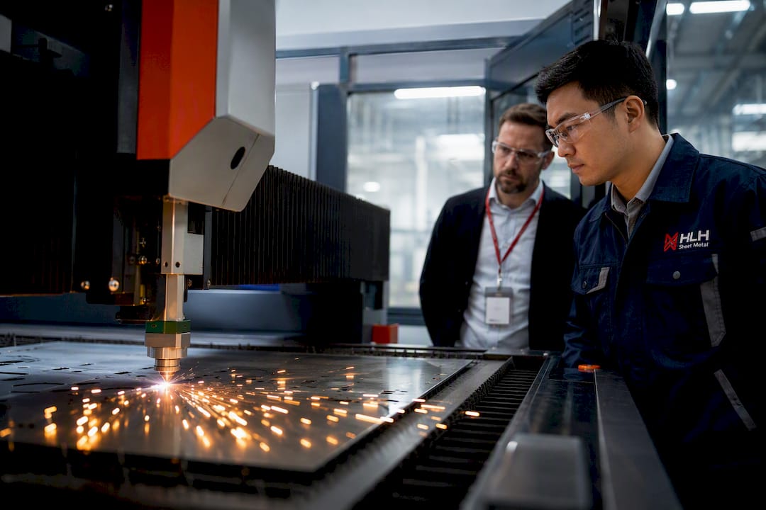 Fiber laser cutting metal sheet in factory