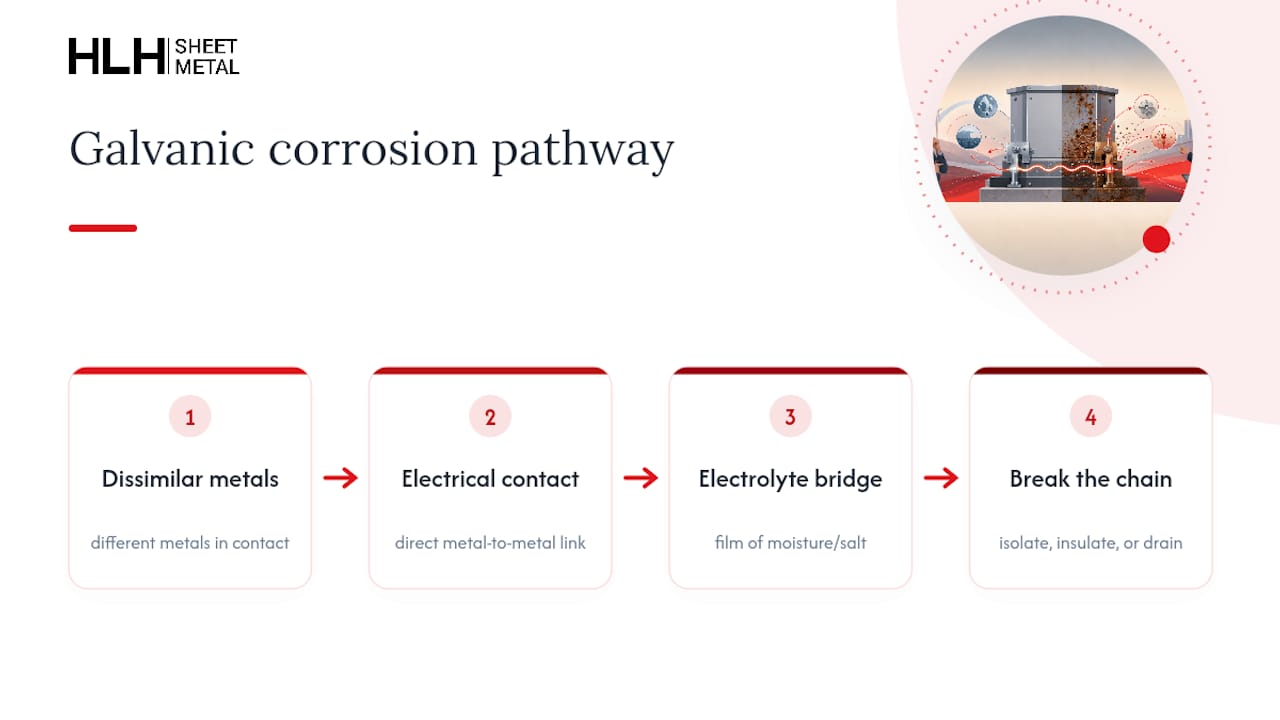 Three conditions required for galvanic corrosion