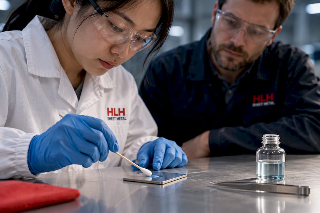 Engineer applying copper sulfate test to stainless coupon