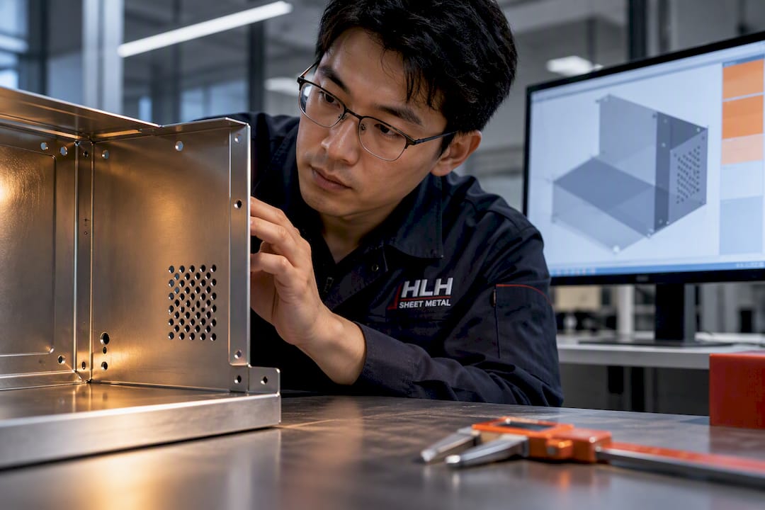 Engineer reviewing sheet metal enclosure design CAD geometry