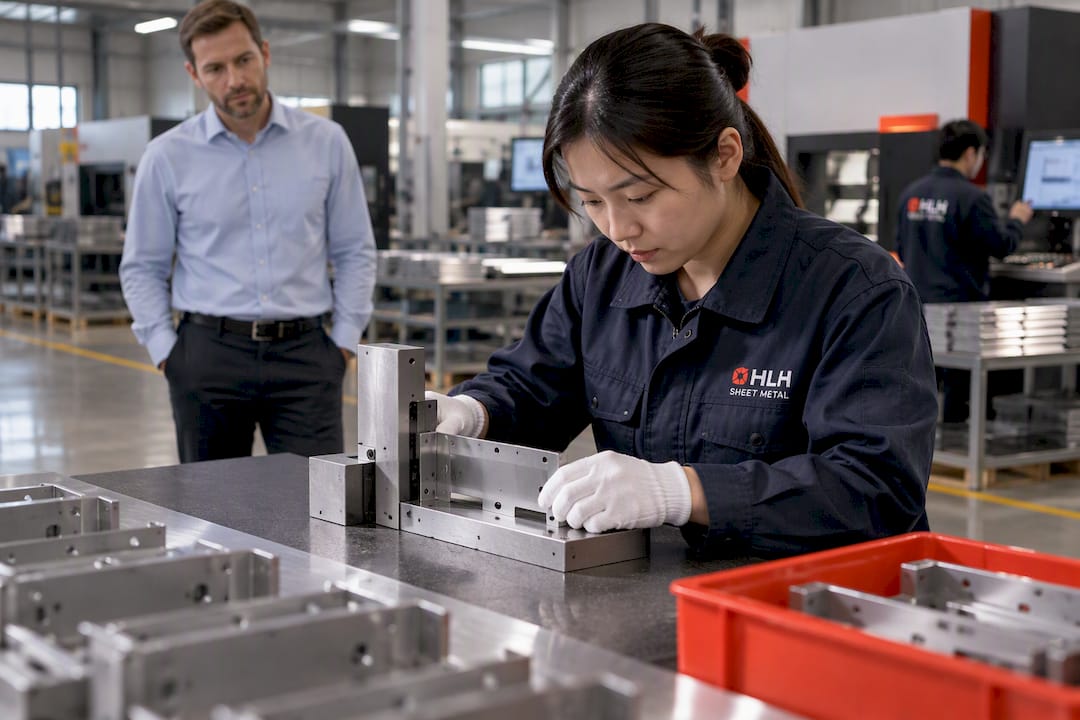 Worker checking sheet metal batch consistency