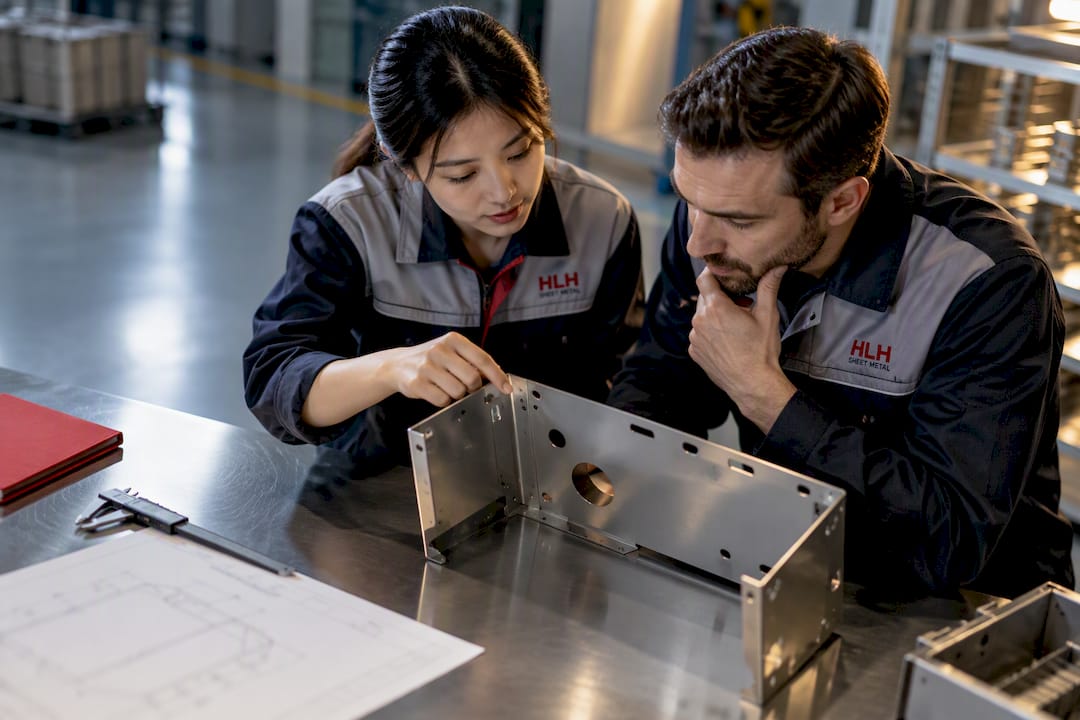 Engineer reviewing sheet metal ISO 2768 tolerances inspection