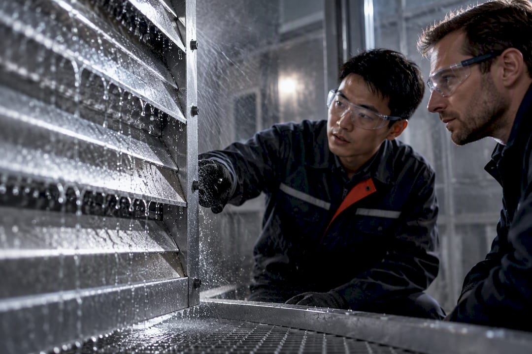 Louver blades undergoing wind-driven rain testing - louvered panel fabrication