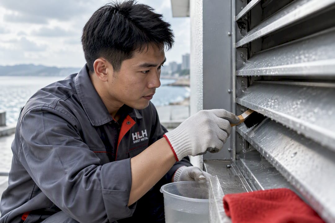 Technician clearing a louver drainage channel