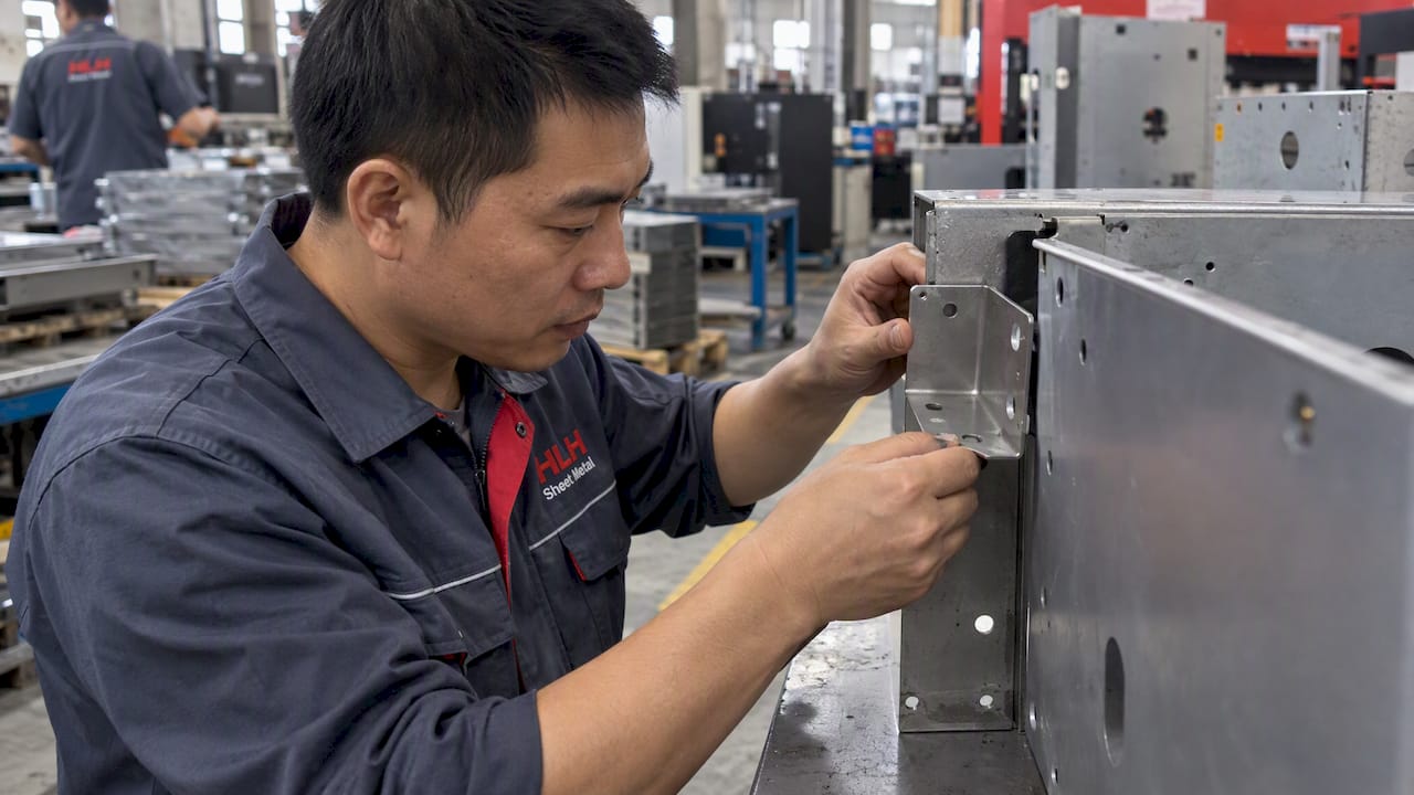 Technician fitting sheet metal bracket housing