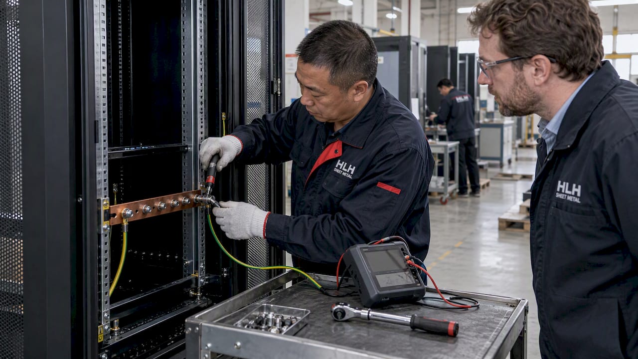 Engineer verifying server rack grounding hardware