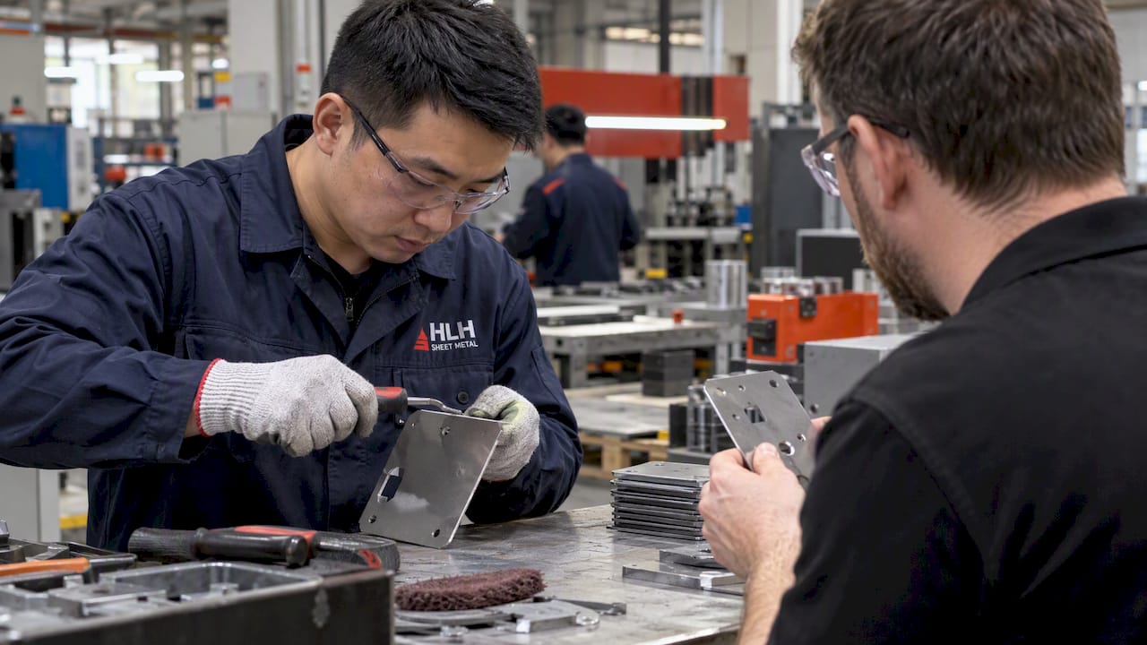 Technician deburring sheet metal samples