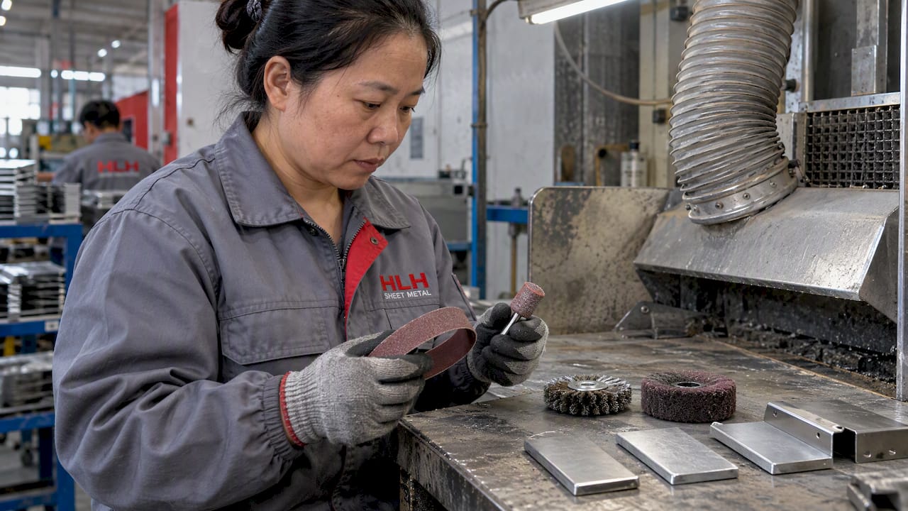 Technician comparing abrasive deburring tools