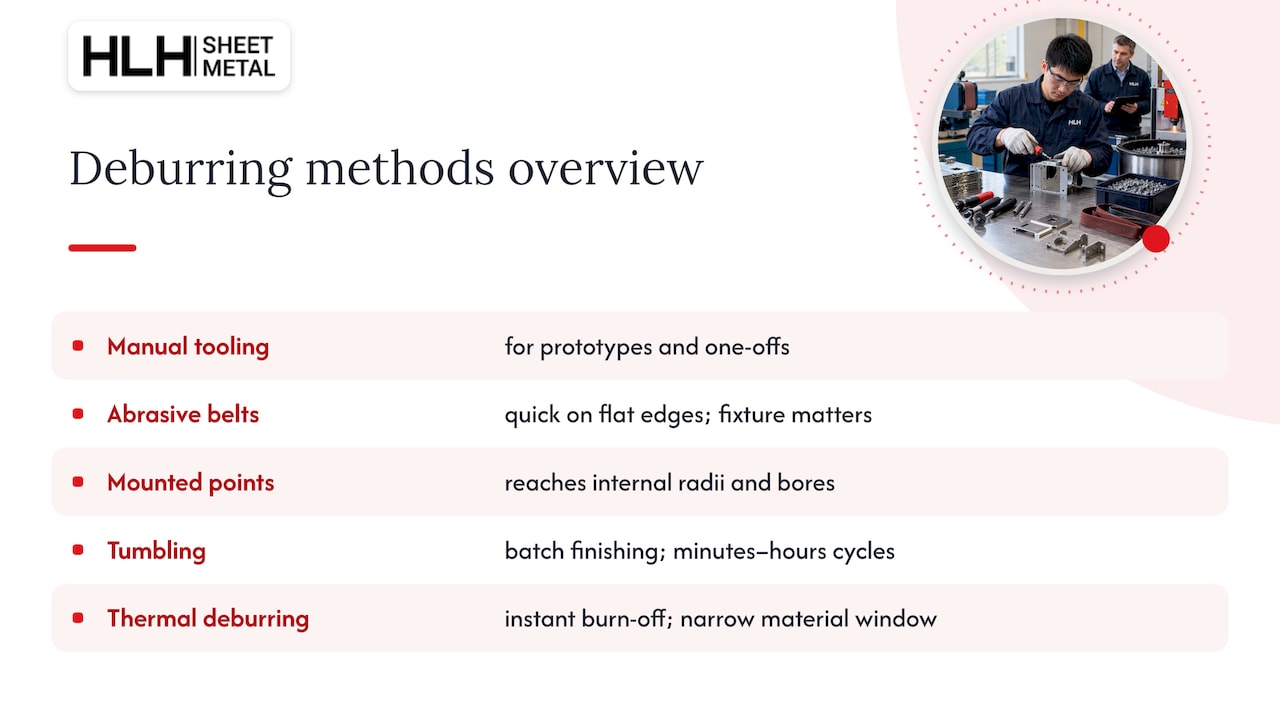 Detailed methods: how each deburring technique works — overview diagram