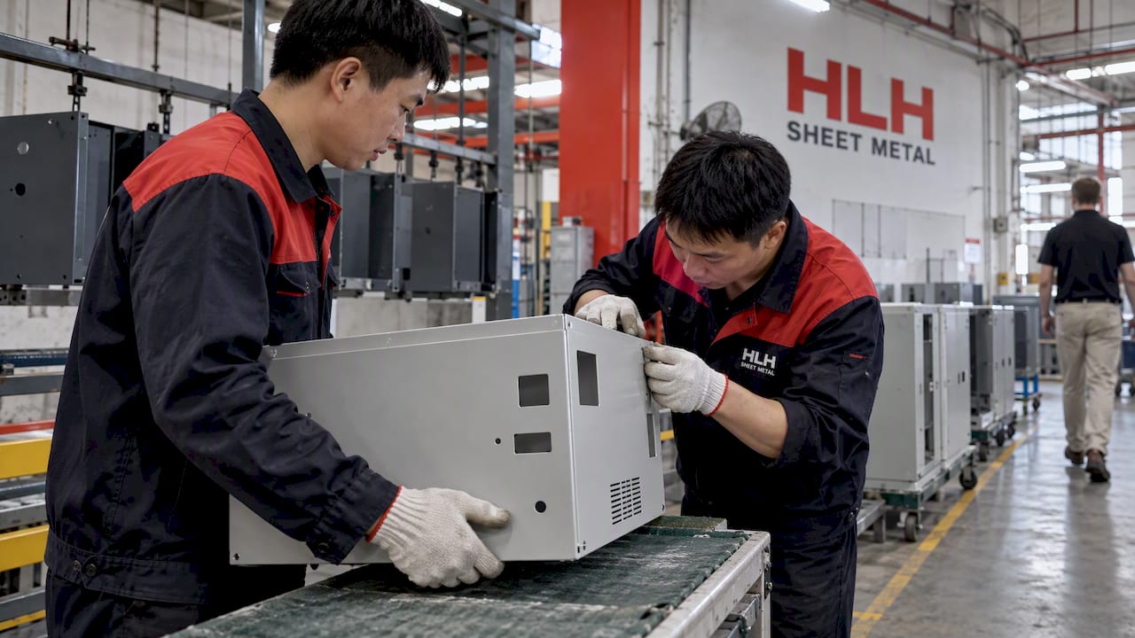 Chinese workers coordinate a finished enclosure handoff